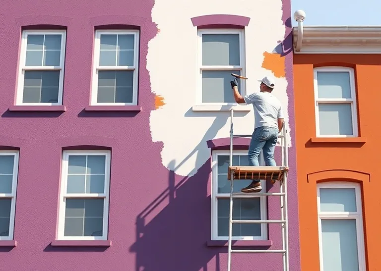 Peintre sur échafaudage traitant la façade d'une maison