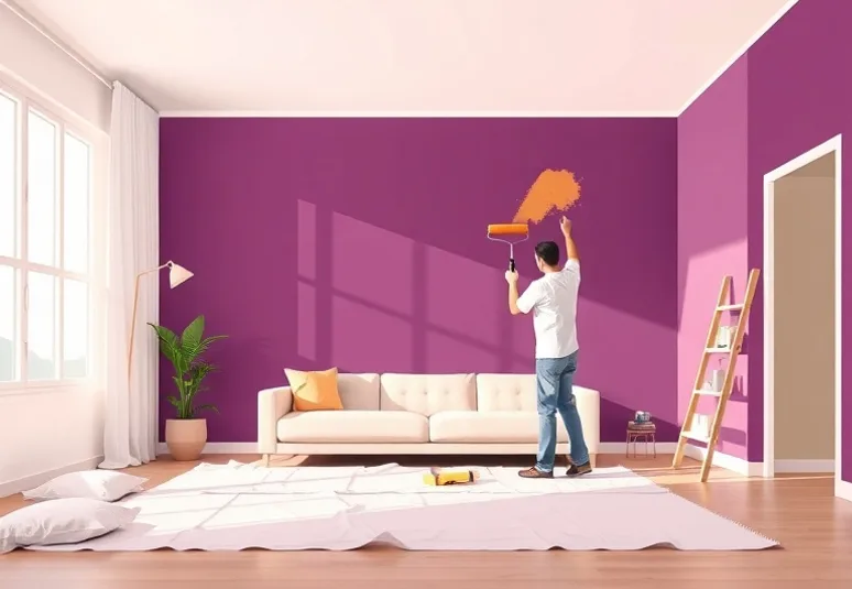 Peintre appliquant la peinture au rouleau sur un mur de salon